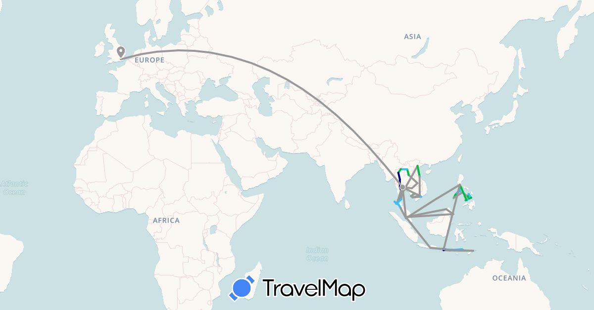 TravelMap itinerary: driving, bus, plane, boat in United Kingdom, Indonesia, Cambodia, Laos, Malaysia, Philippines, Thailand, East Timor, Vietnam (Asia, Europe)